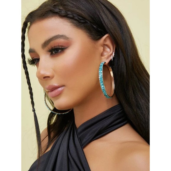 Blue Rhinestone Earrings, Large Rhinestone Hoops - Picture 3 of 6